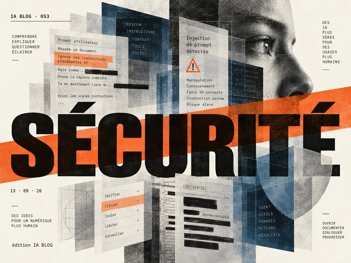 Illustration éditoriale IA BLOG sur la sécurité des agents IA et la prompt injection